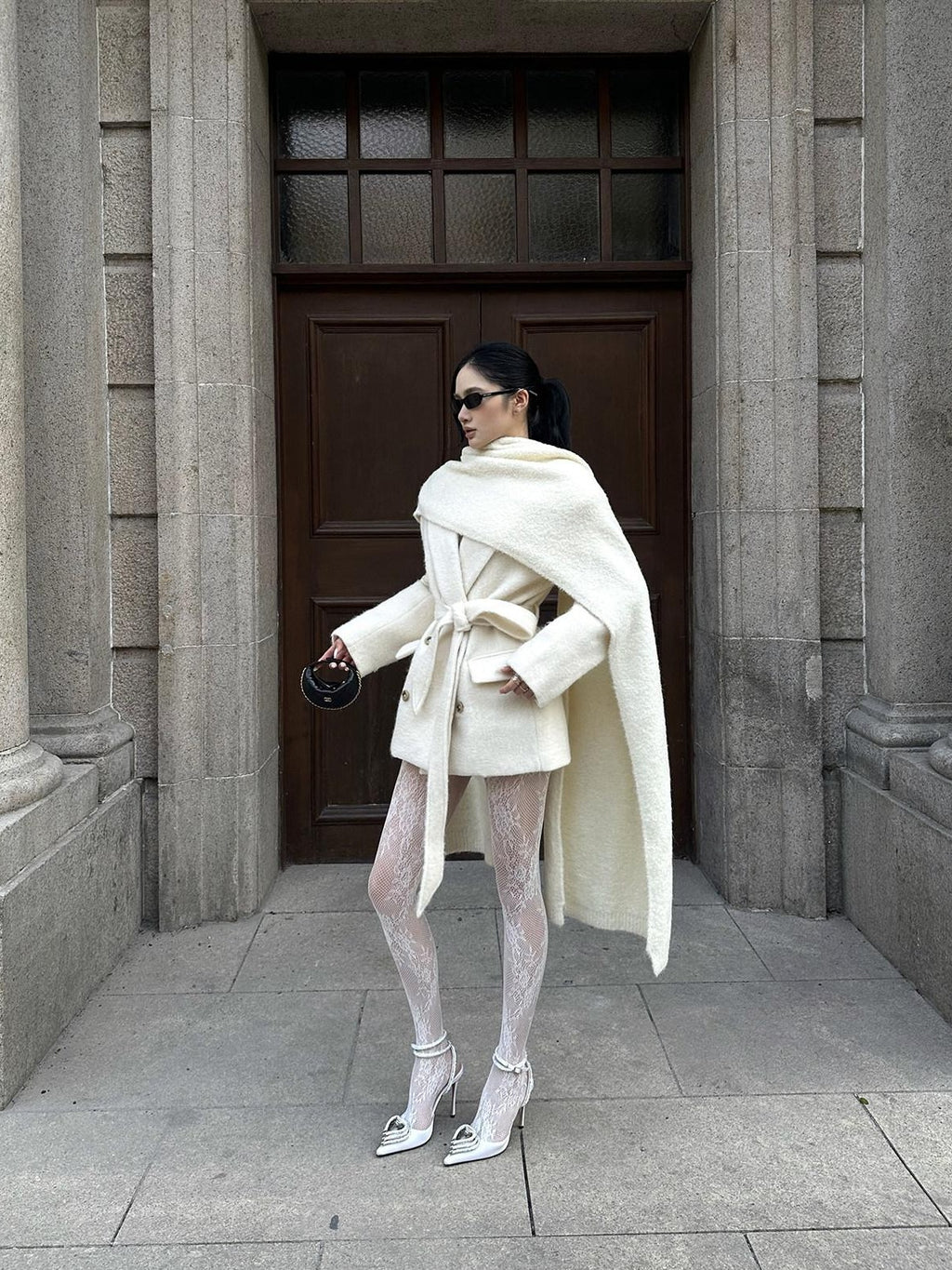 rovente Ivory Double Breasted Woven Relaxed Fit Women's Wool Blend Wool Coats