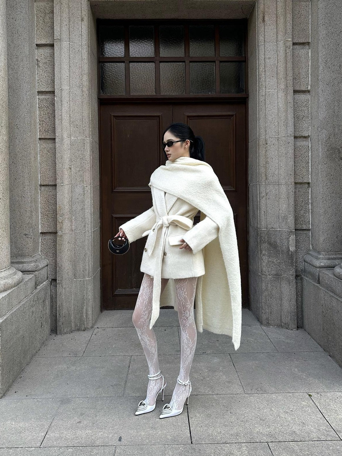 rovente Ivory Double Breasted Woven Relaxed Fit Women's Wool Blend Wool Coats