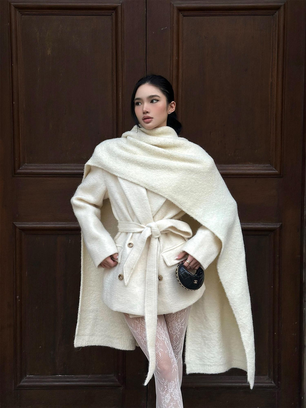 rovente Ivory Double Breasted Woven Relaxed Fit Women's Wool Blend Wool Coats