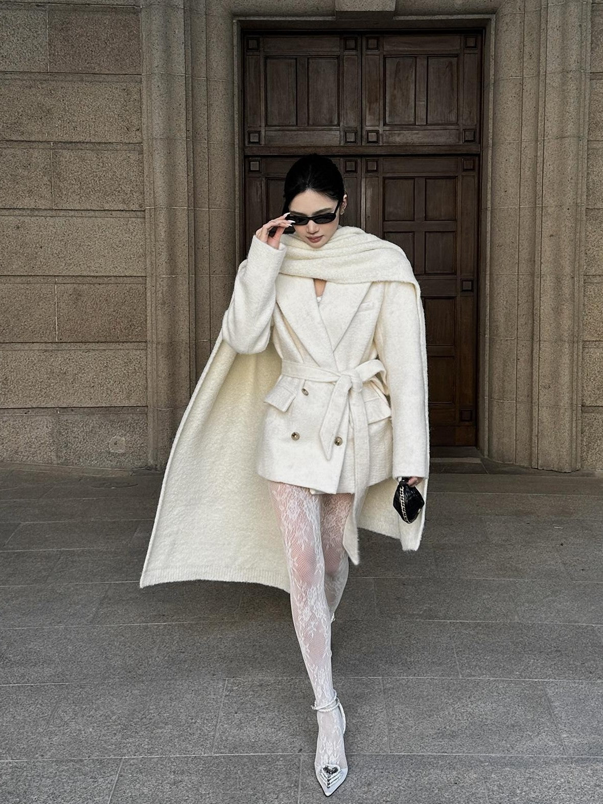 rovente Ivory Double Breasted Woven Relaxed Fit Women's Wool Blend Wool Coats
