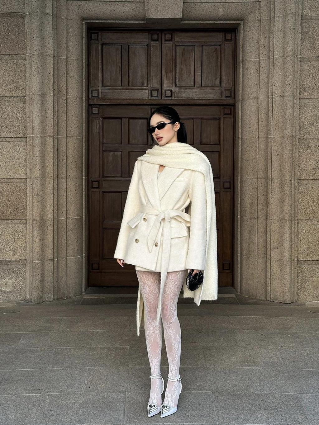 rovente Ivory Double Breasted Woven Relaxed Fit Women's Wool Blend Wool Coats