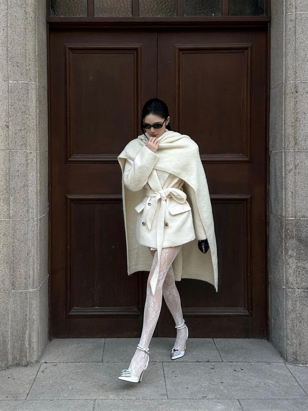 rovente Ivory Double Breasted Woven Relaxed Fit Women's Wool Blend Wool Coats