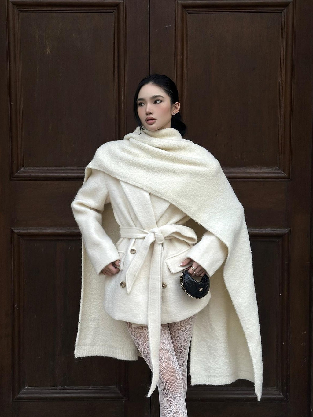rovente Ivory Double Breasted Woven Relaxed Fit Women's Wool Blend Wool Coats