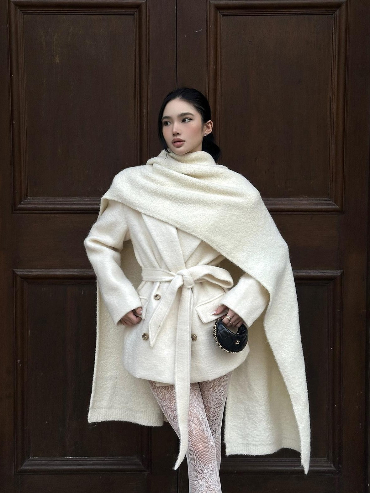 rovente Ivory Double Breasted Woven Relaxed Fit Women's Wool Blend Wool Coats