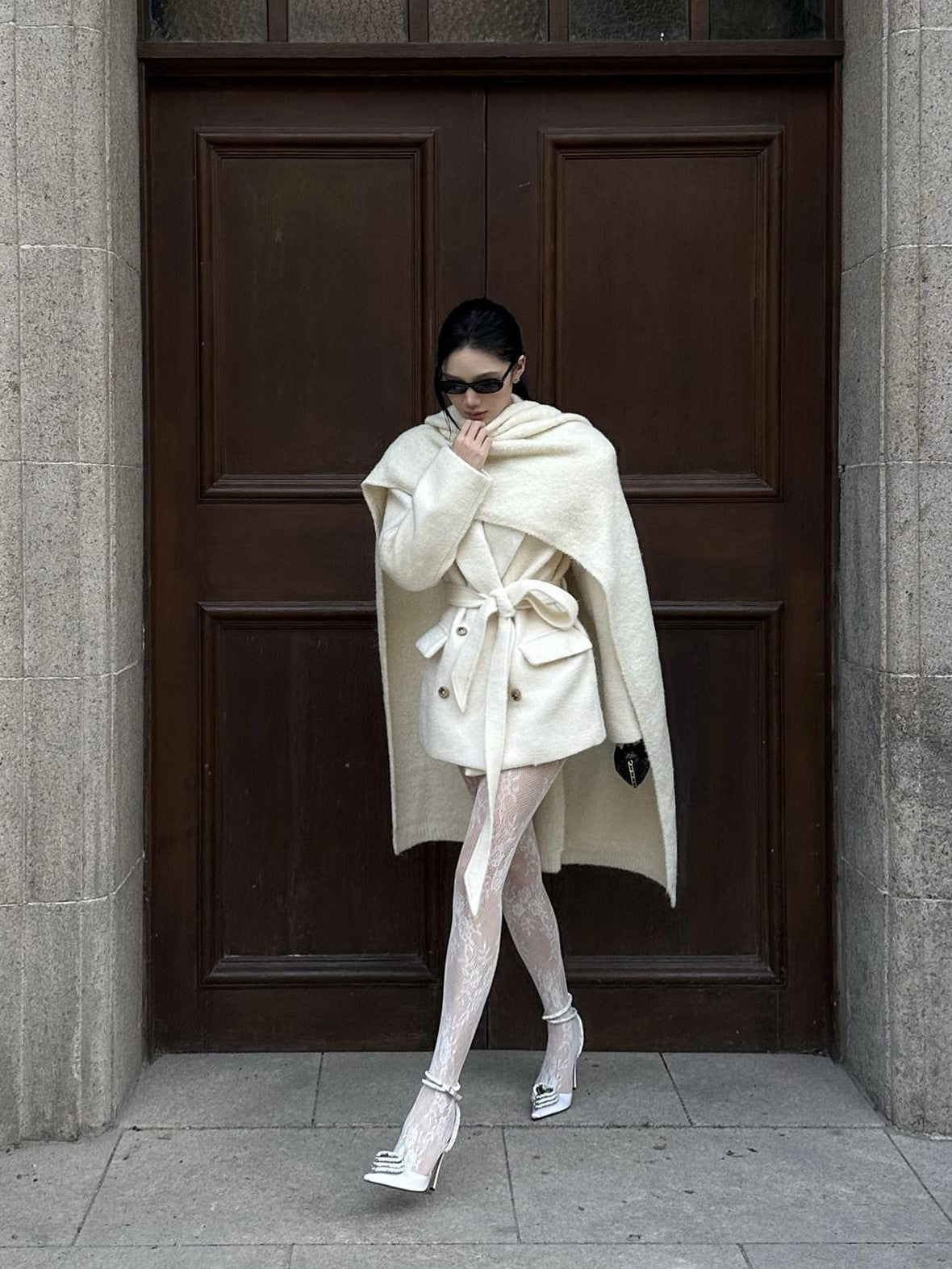 rovente Ivory Double Breasted Woven Relaxed Fit Women's Wool Blend Wool Coats