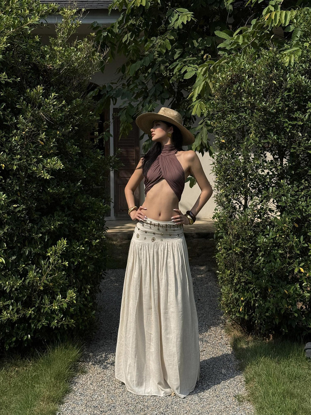rovente Ivory Vintage A Line Low Waist Zipper Women's Polyester Woven Maxi Skirts