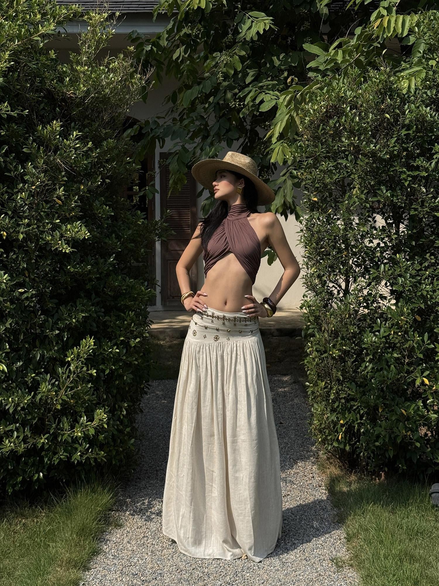 rovente Ivory Vintage A Line Low Waist Zipper Women's Polyester Woven Maxi Skirts
