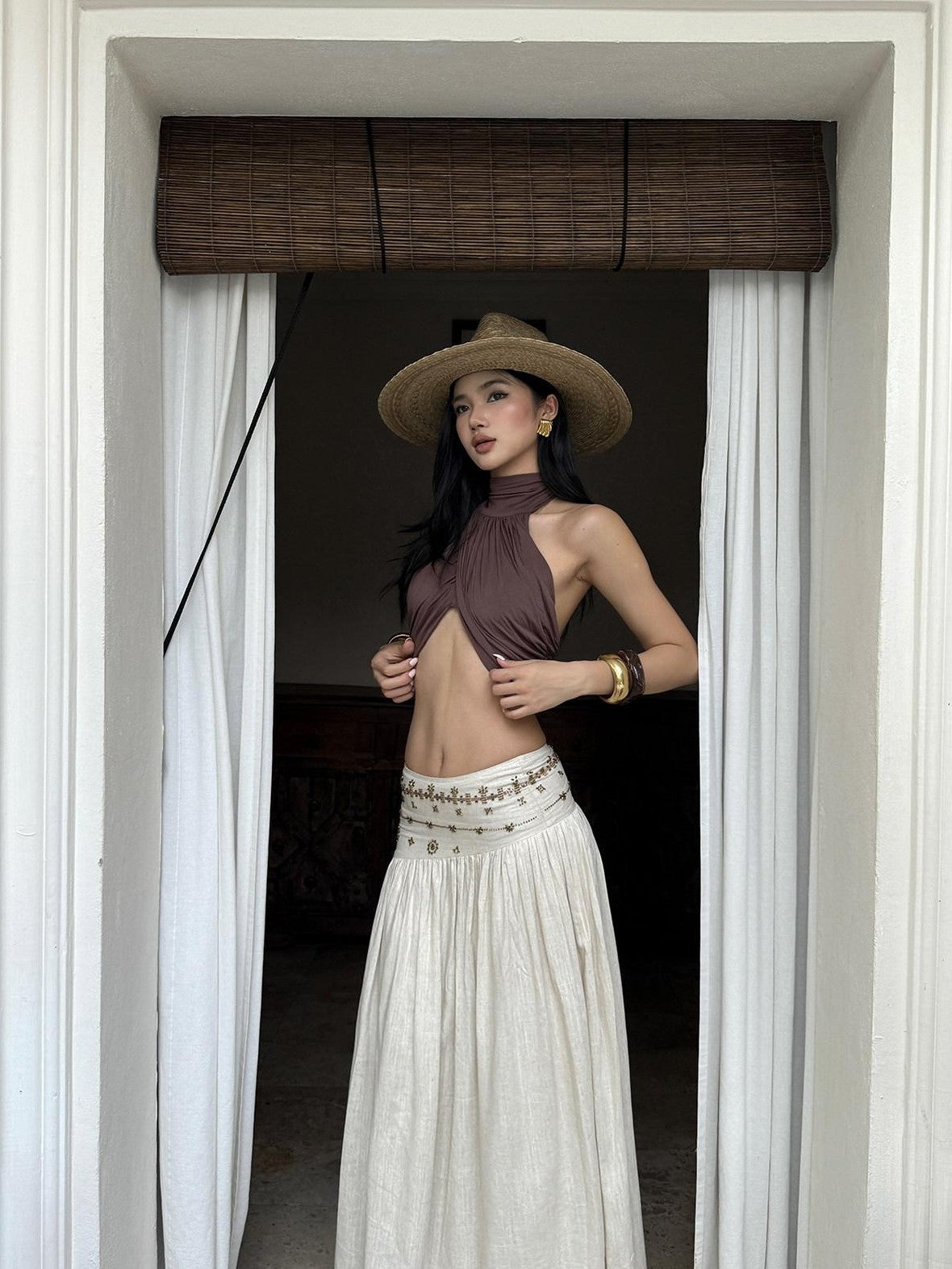 rovente Ivory Vintage A Line Low Waist Zipper Women's Polyester Woven Maxi Skirts