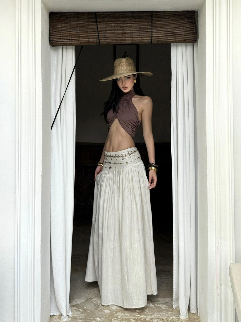 rovente Ivory Vintage A Line Low Waist Zipper Women's Polyester Woven Maxi Skirts