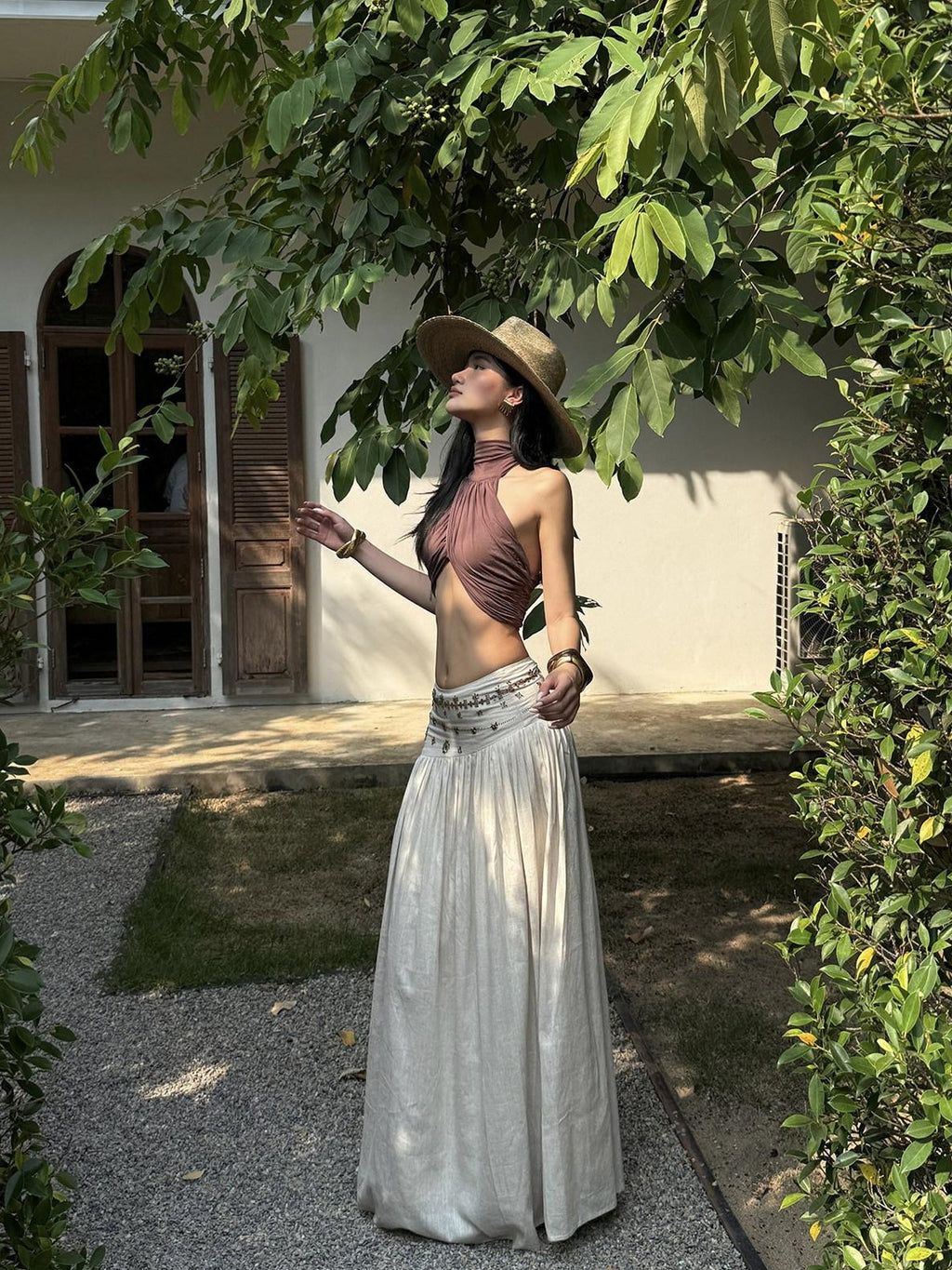 rovente Ivory Vintage A Line Low Waist Zipper Women's Polyester Woven Maxi Skirts