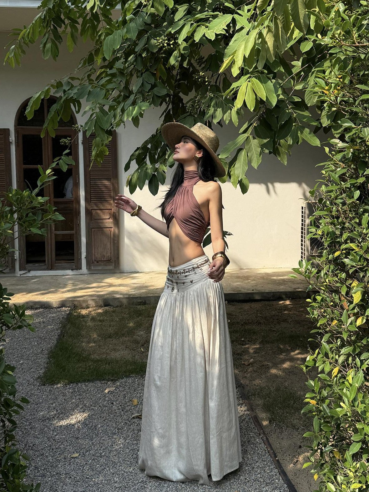 rovente Ivory Vintage A Line Low Waist Zipper Women's Polyester Woven Maxi Skirts