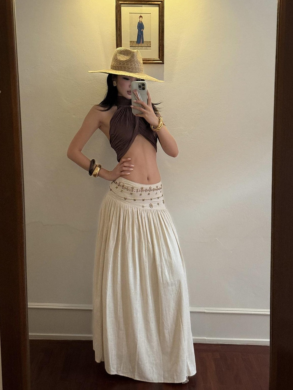 rovente Ivory Vintage A Line Low Waist Zipper Women's Polyester Woven Maxi Skirts