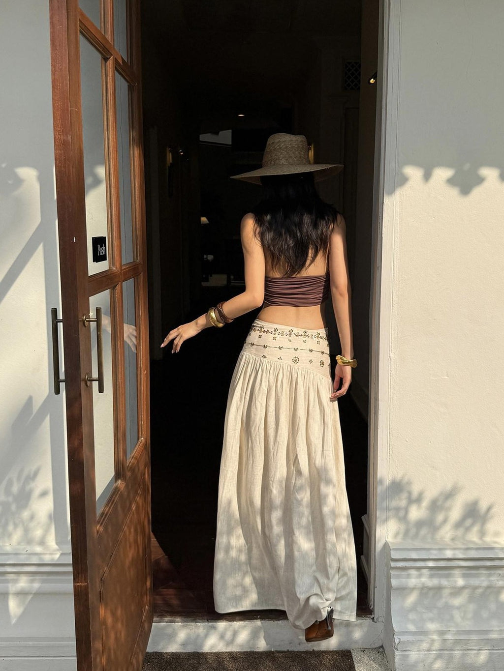 rovente Ivory Vintage A Line Low Waist Zipper Women's Polyester Woven Maxi Skirts