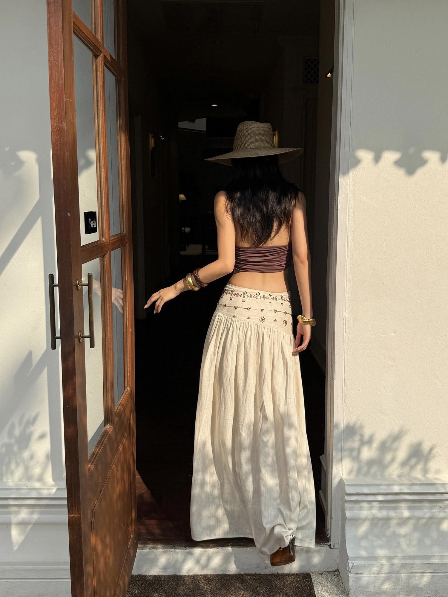 rovente Ivory Vintage A Line Low Waist Zipper Women's Polyester Woven Maxi Skirts