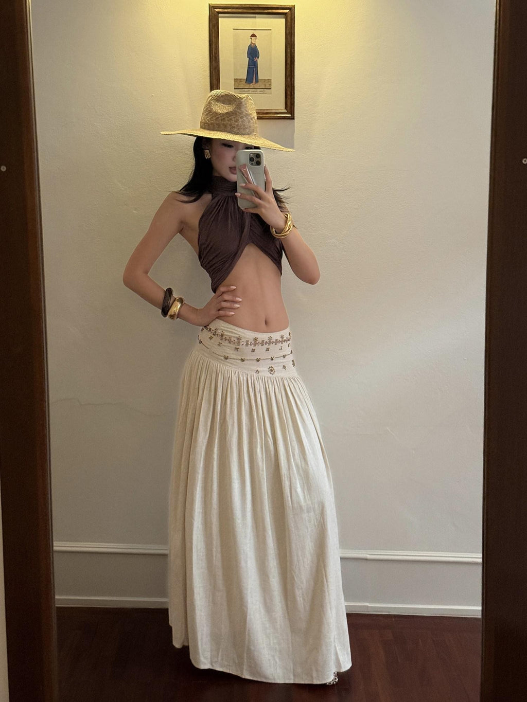 rovente Ivory Vintage A Line Low Waist Zipper Women's Polyester Woven Maxi Skirts