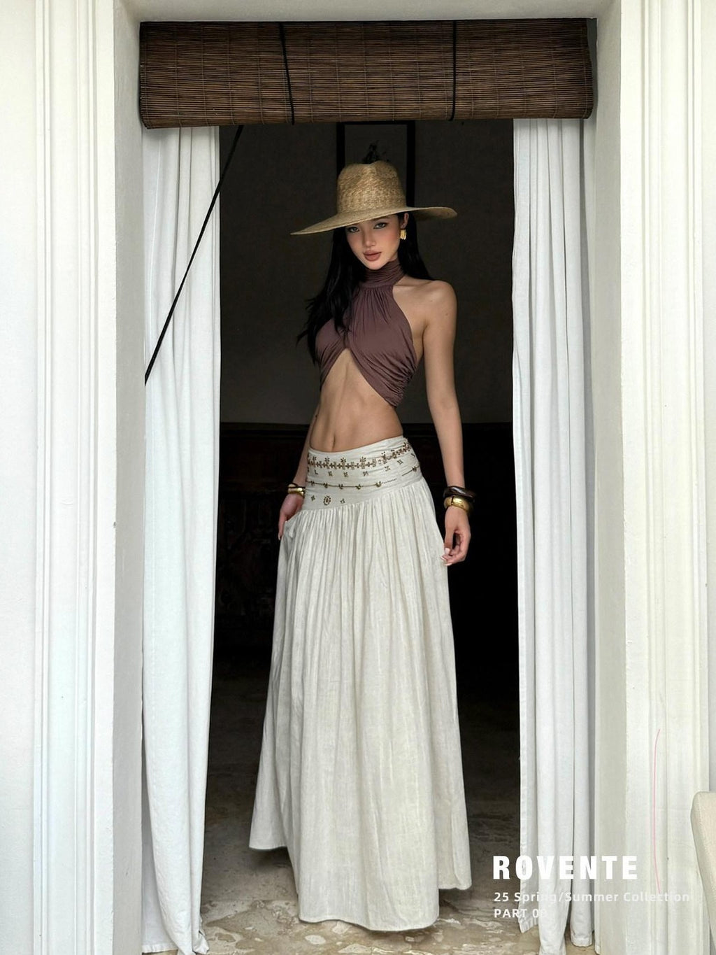 rovente Ivory Vintage A Line Low Waist Zipper Women's Polyester Woven Maxi Skirts