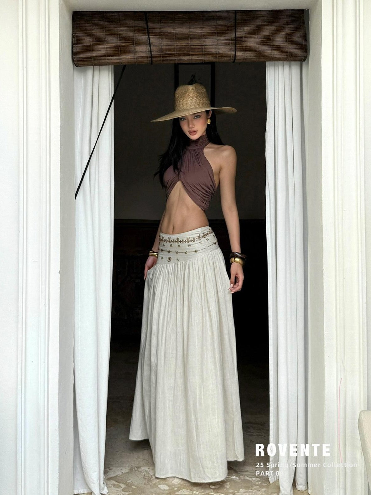 rovente Ivory Vintage A Line Low Waist Zipper Women's Polyester Woven Maxi Skirts