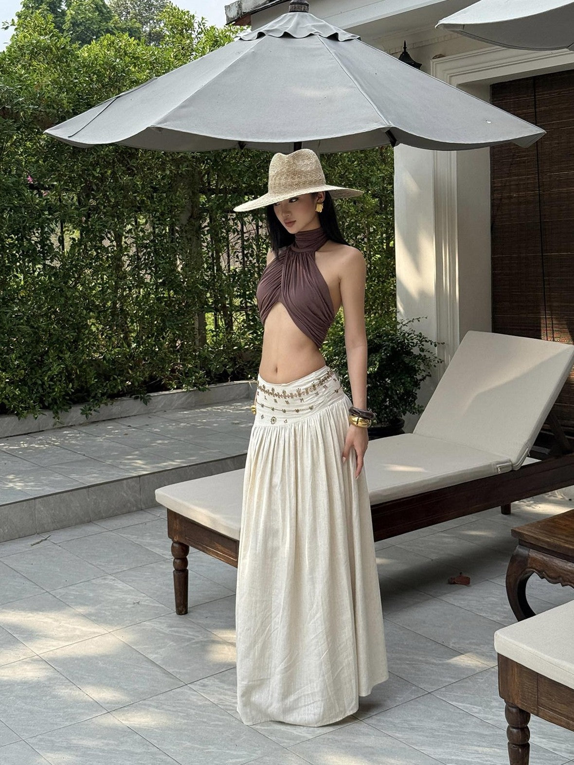 rovente Ivory Vintage A Line Low Waist Zipper Women's Polyester Woven Maxi Skirts