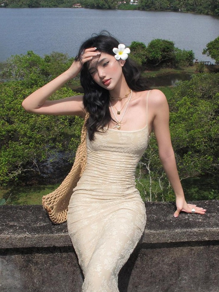 rovente Jacquard Strappy High Waist Women's Polyester Blend Bodycon Maxi Dresses