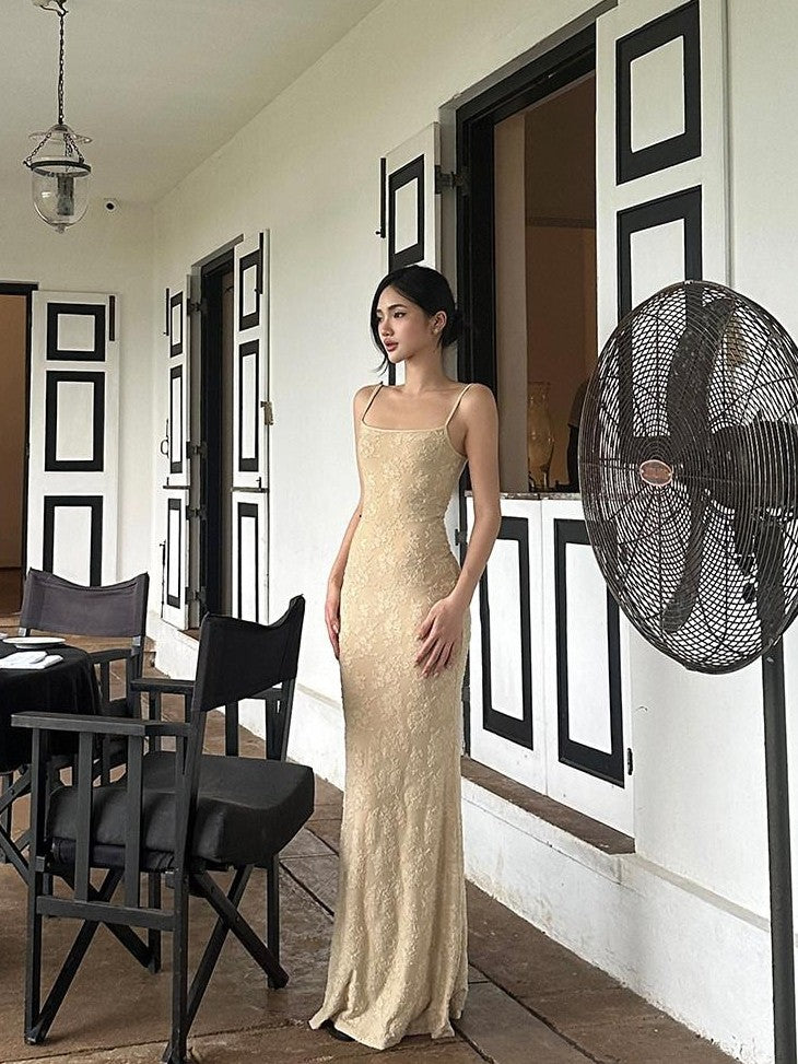 rovente Jacquard Strappy High Waist Women's Polyester Blend Bodycon Maxi Dresses