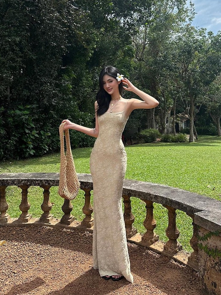 rovente Jacquard Strappy High Waist Women's Polyester Blend Bodycon Maxi Dresses
