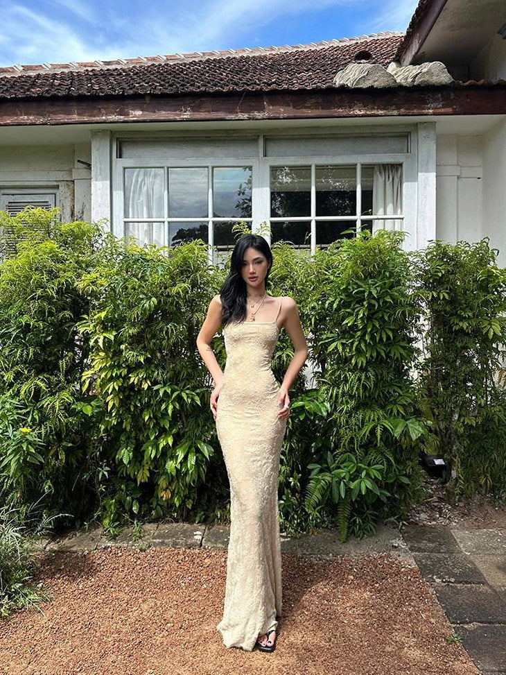rovente Jacquard Strappy High Waist Women's Polyester Blend Bodycon Maxi Dresses