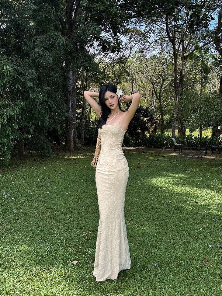 rovente Jacquard Strappy High Waist Women's Polyester Blend Bodycon Maxi Dresses