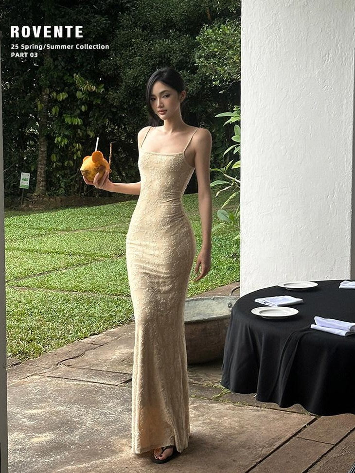 rovente Jacquard Strappy High Waist Women's Polyester Blend Bodycon Maxi Dresses