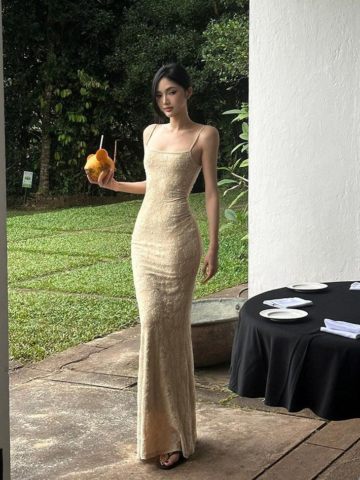 rovente Jacquard Strappy High Waist Women's Polyester Blend Bodycon Maxi Dresses