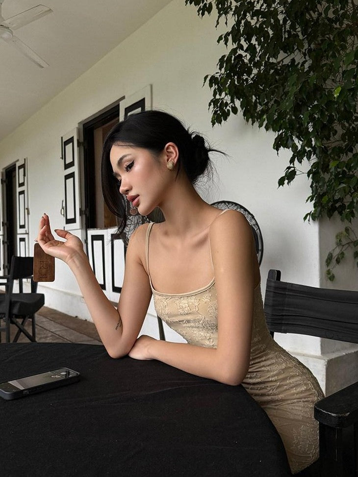rovente Jacquard Strappy High Waist Women's Polyester Blend Bodycon Maxi Dresses