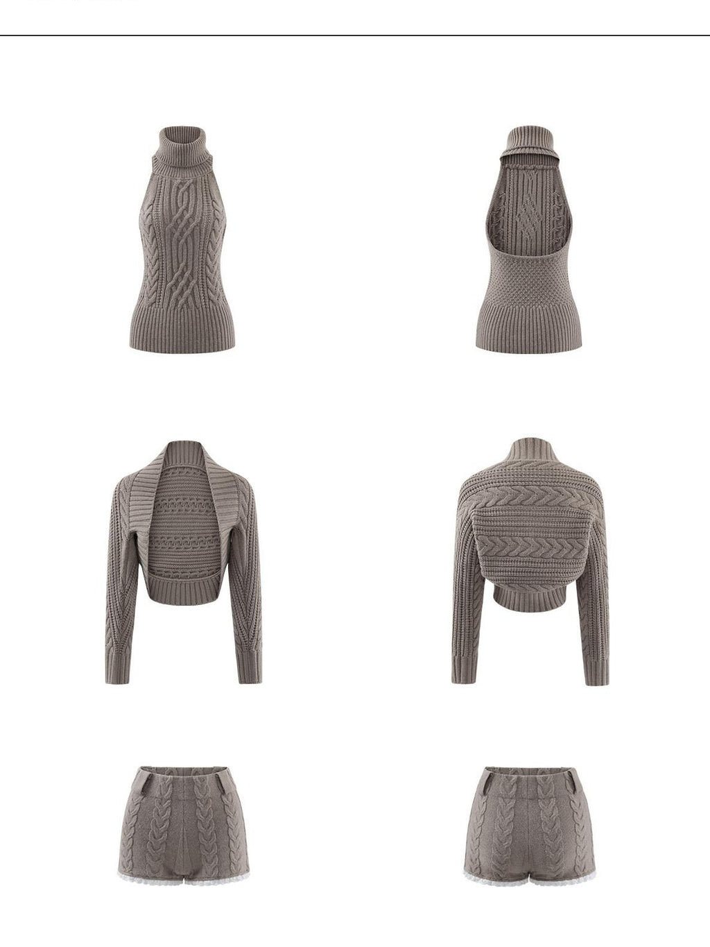 rovente Khaki Cable Backless High Neck Women's Acrylic Casual Top & Shorts Sets