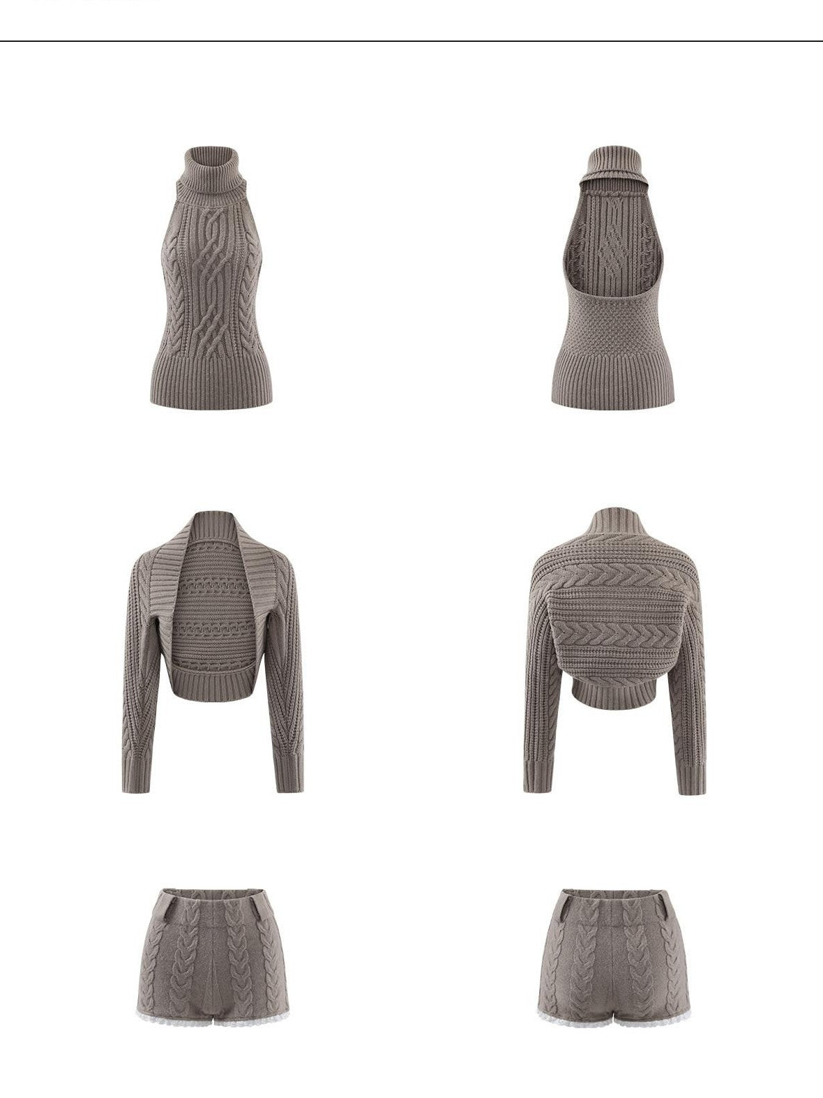 rovente Khaki Cable Backless High Neck Women's Acrylic Casual Top & Shorts Sets