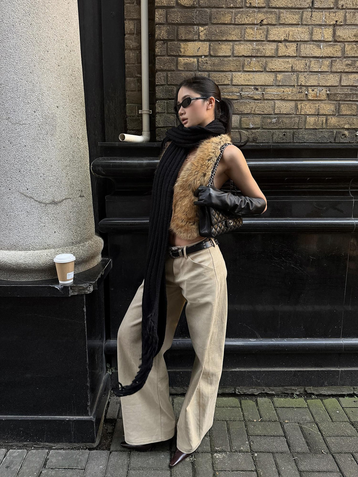 rovente Khaki Deep V-neck Slim Fit Stretch Faux Fur Women's Vests