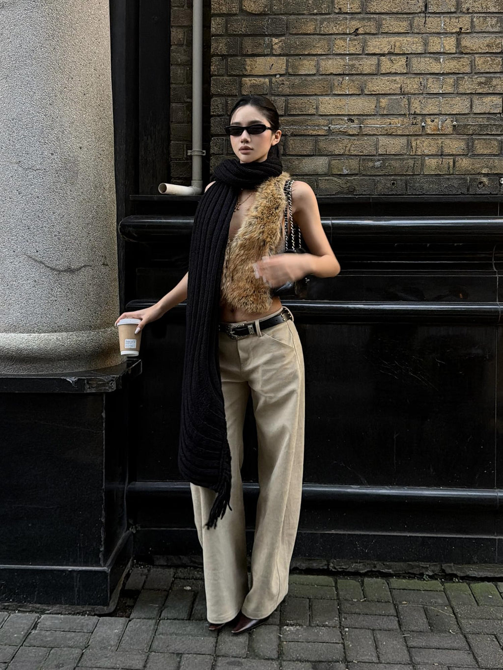 rovente Khaki Deep V-neck Slim Fit Stretch Faux Fur Women's Vests
