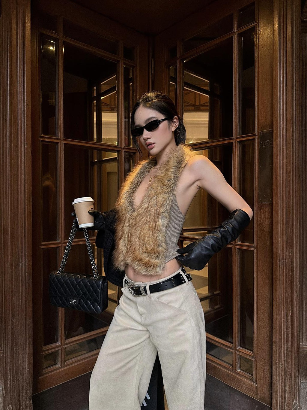 rovente Khaki Deep V-neck Slim Fit Stretch Faux Fur Women's Vests