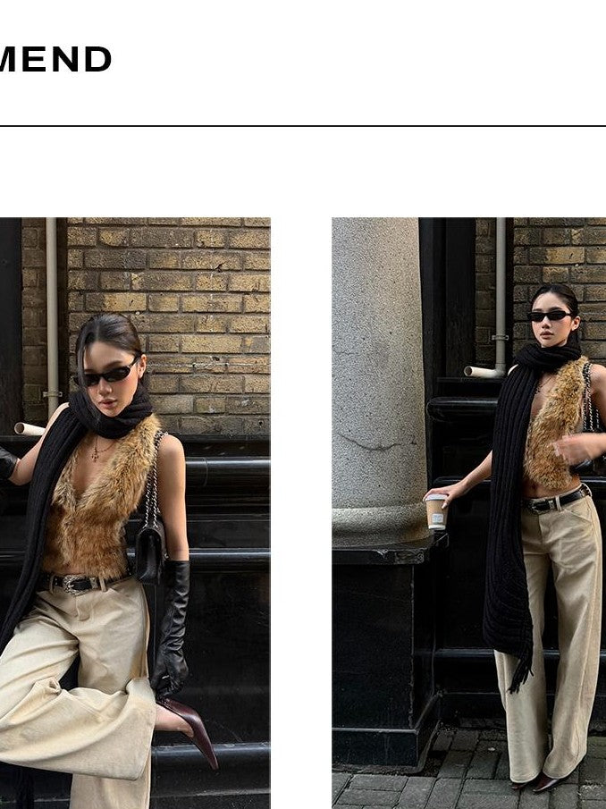 rovente Khaki Deep V-neck Slim Fit Stretch Faux Fur Women's Vests