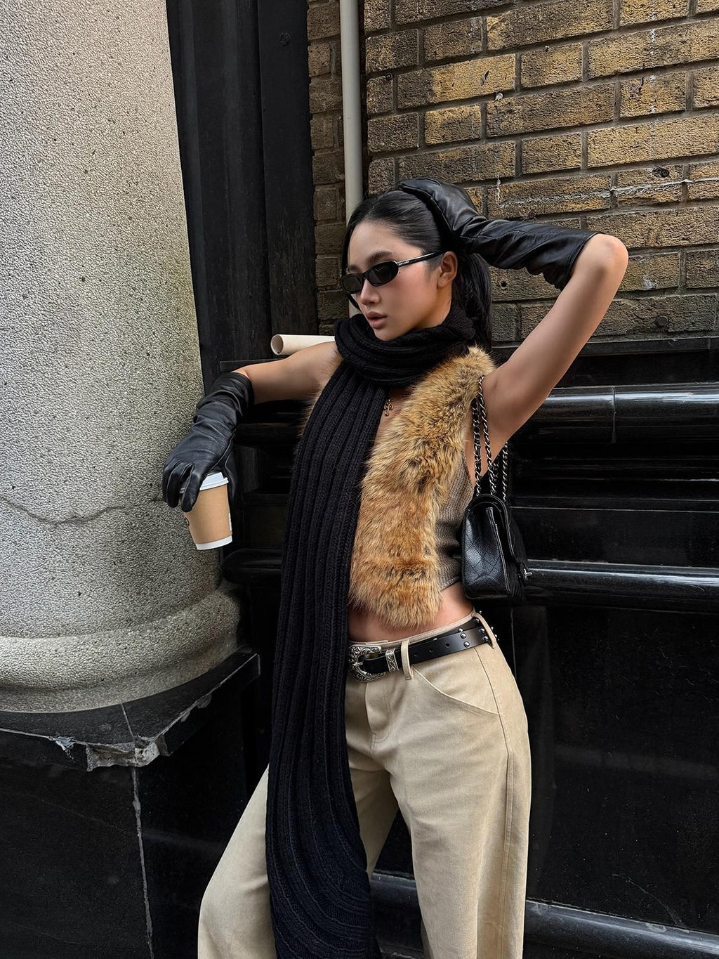 rovente Khaki Deep V-neck Slim Fit Stretch Faux Fur Women's Vests