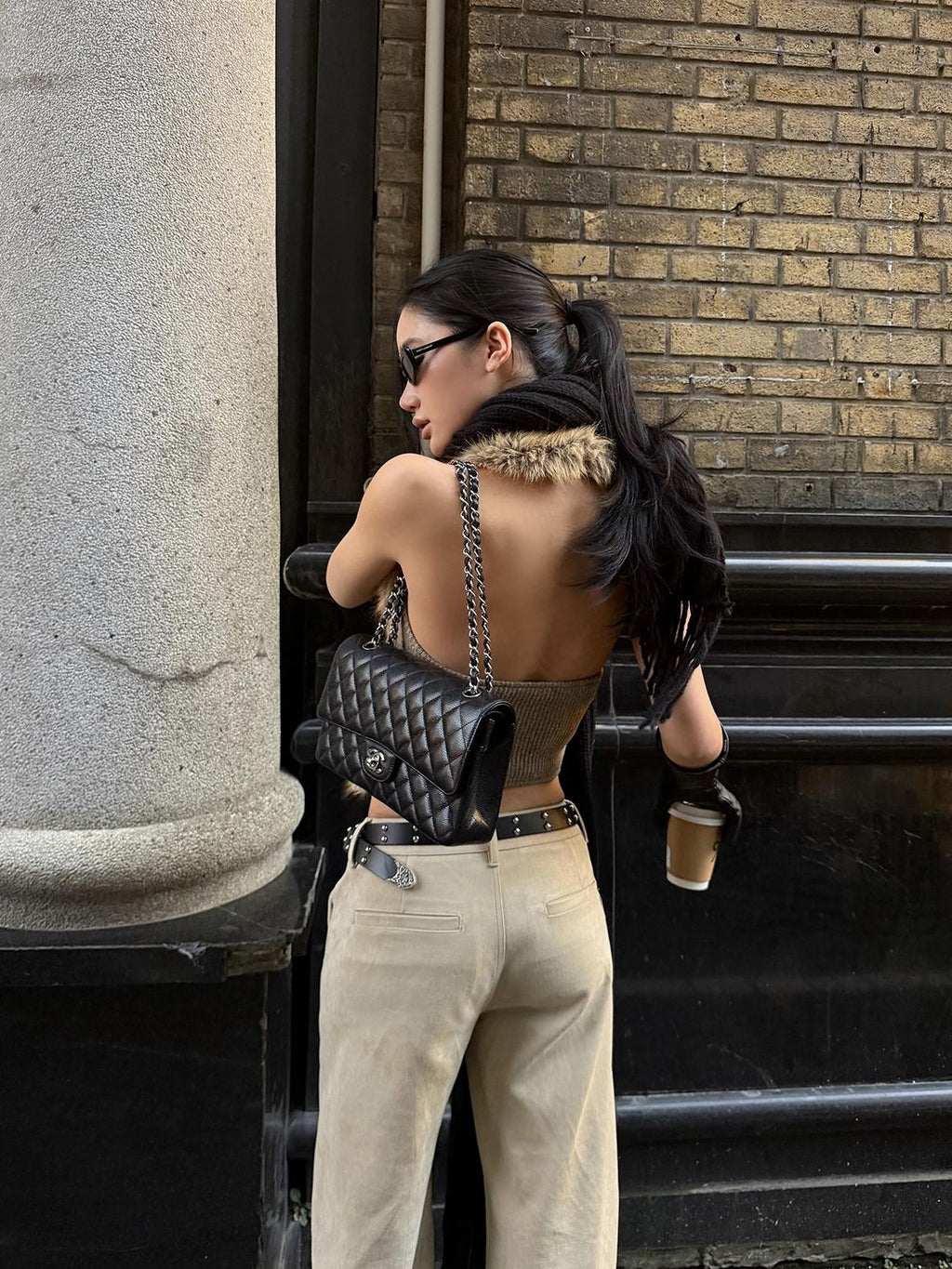 rovente Khaki Deep V-neck Slim Fit Stretch Faux Fur Women's Vests