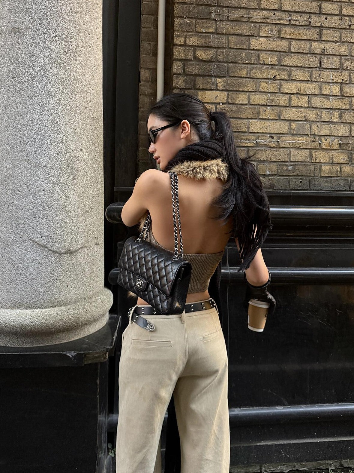 rovente Khaki Deep V-neck Slim Fit Stretch Faux Fur Women's Vests