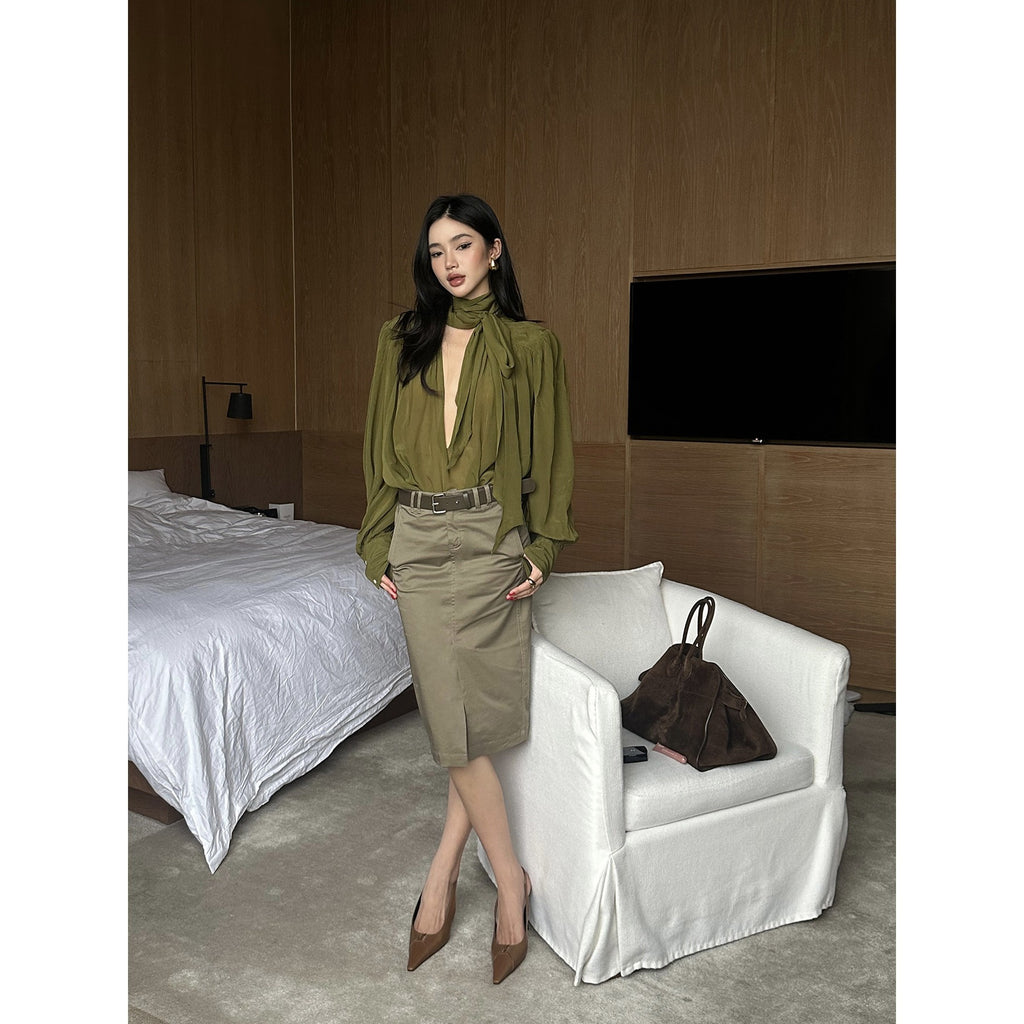 rovente_Khaki_Green_Front_Slit_Straight_Women's_Cotton_Lyocell_Blend_Bodycon_Skirts_959089803927_MISSTT