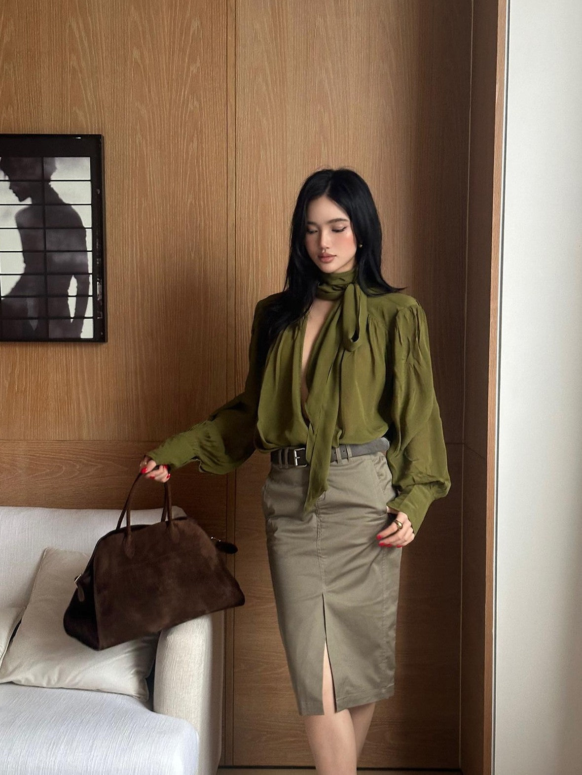 rovente Khaki Green Front Slit Straight Women's Cotton Lyocell Blend Bodycon Skirts