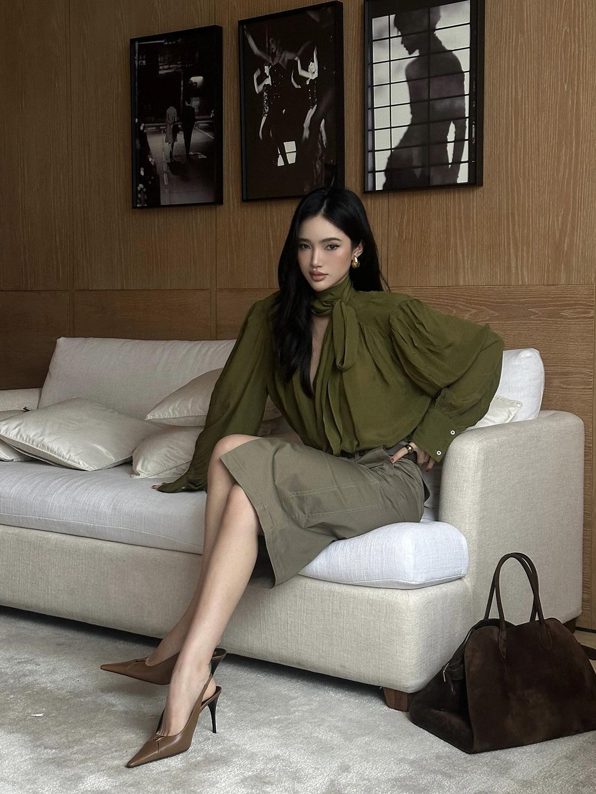 rovente Khaki Green Front Slit Straight Women's Cotton Lyocell Blend Bodycon Skirts