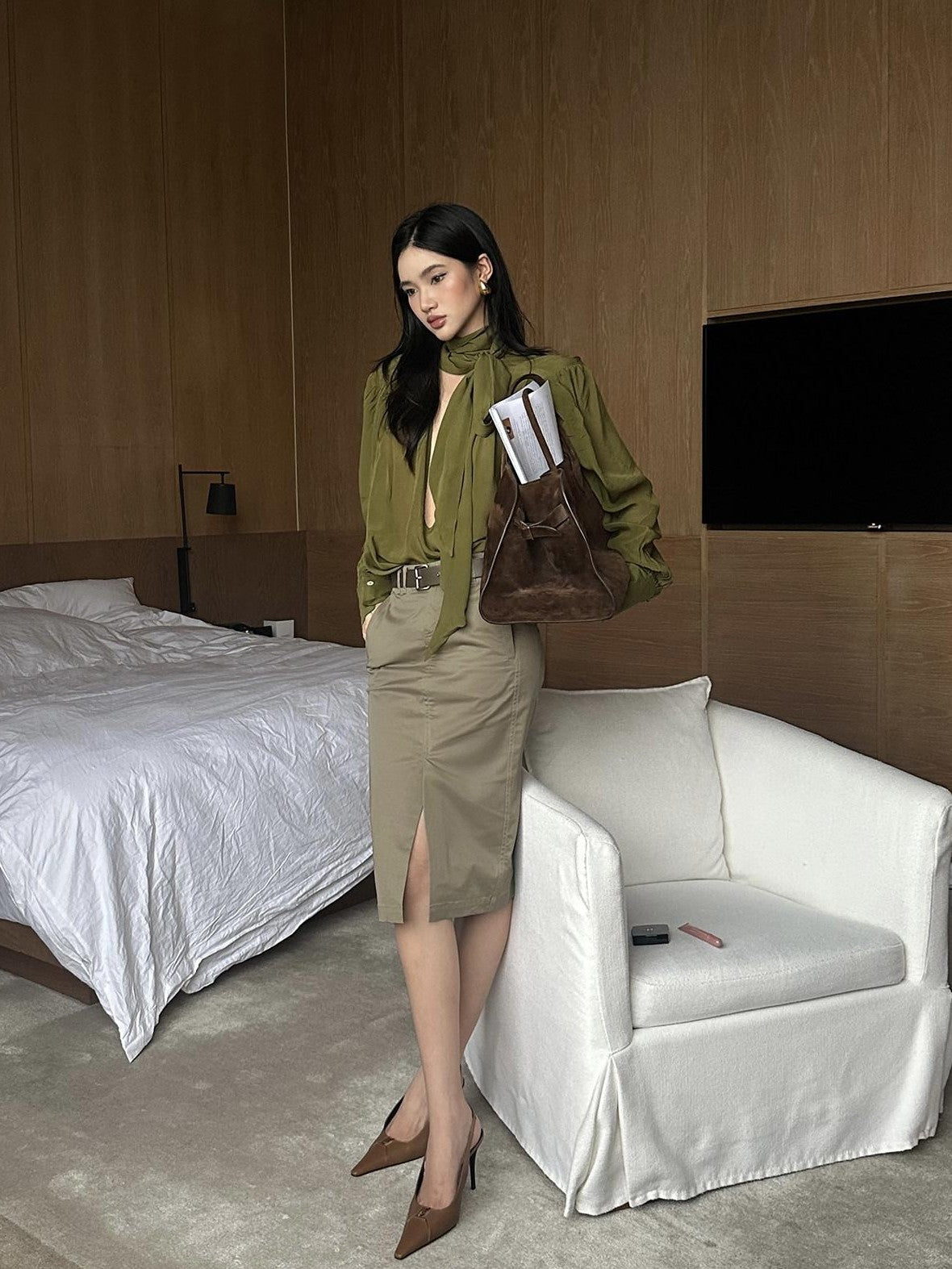 rovente Khaki Green Front Slit Straight Women's Cotton Lyocell Blend Bodycon Skirts