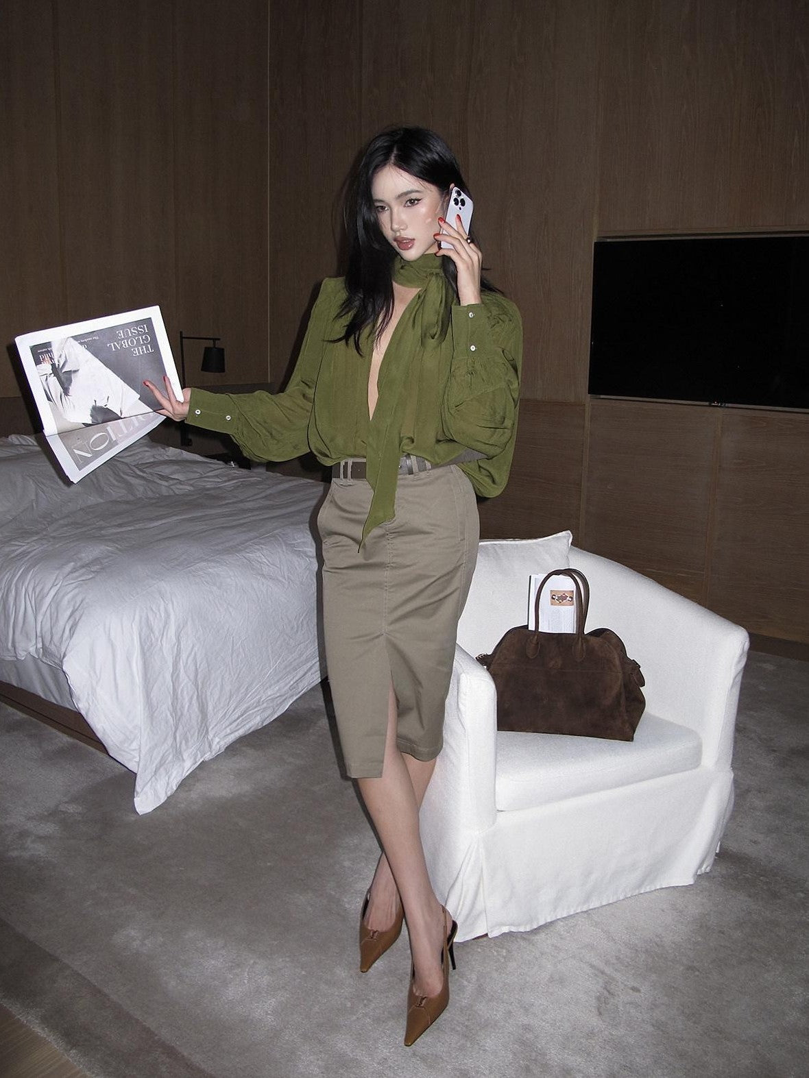rovente Khaki Green Front Slit Straight Women's Cotton Lyocell Blend Bodycon Skirts