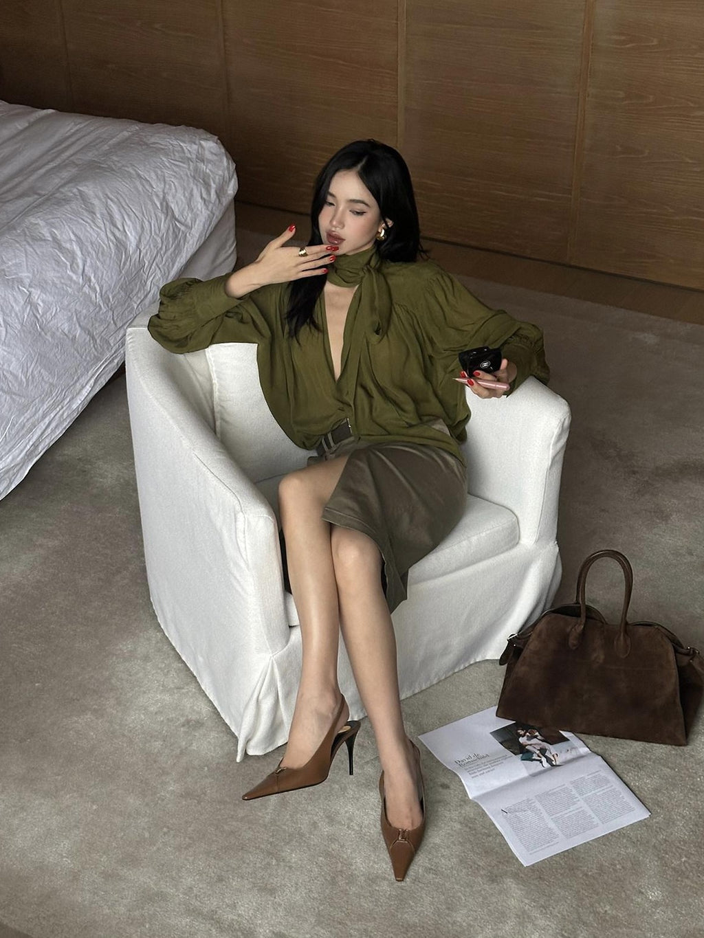 rovente Khaki Green Front Slit Straight Women's Cotton Lyocell Blend Bodycon Skirts