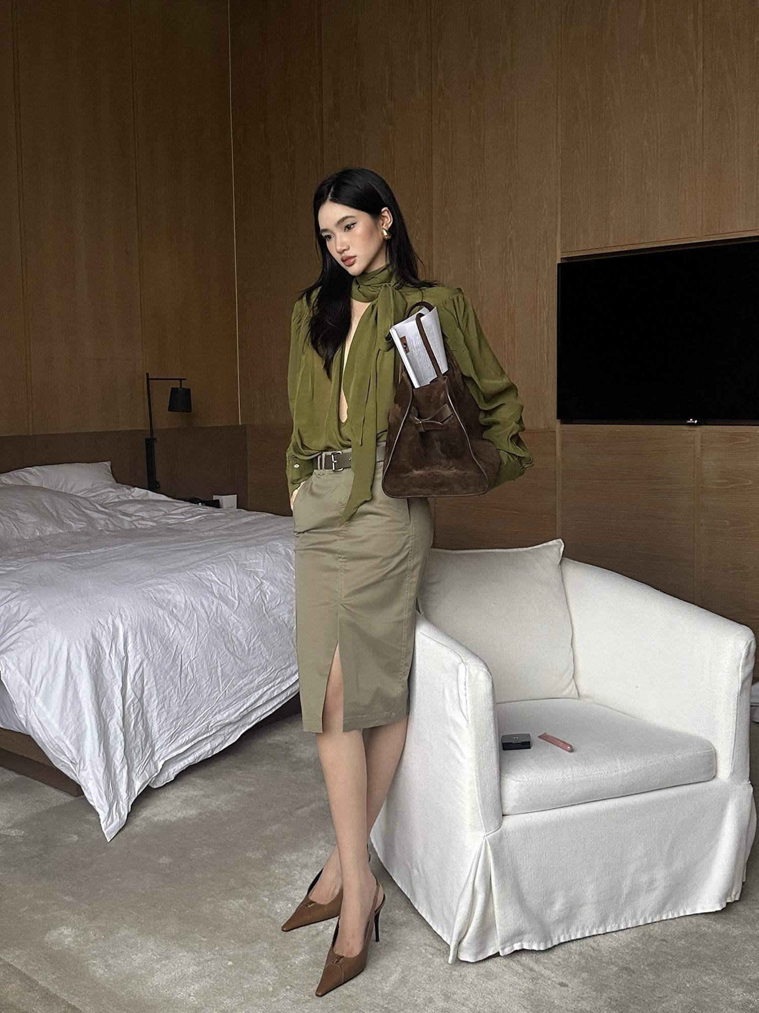 rovente Khaki Green Front Slit Straight Women's Cotton Lyocell Blend Bodycon Skirts