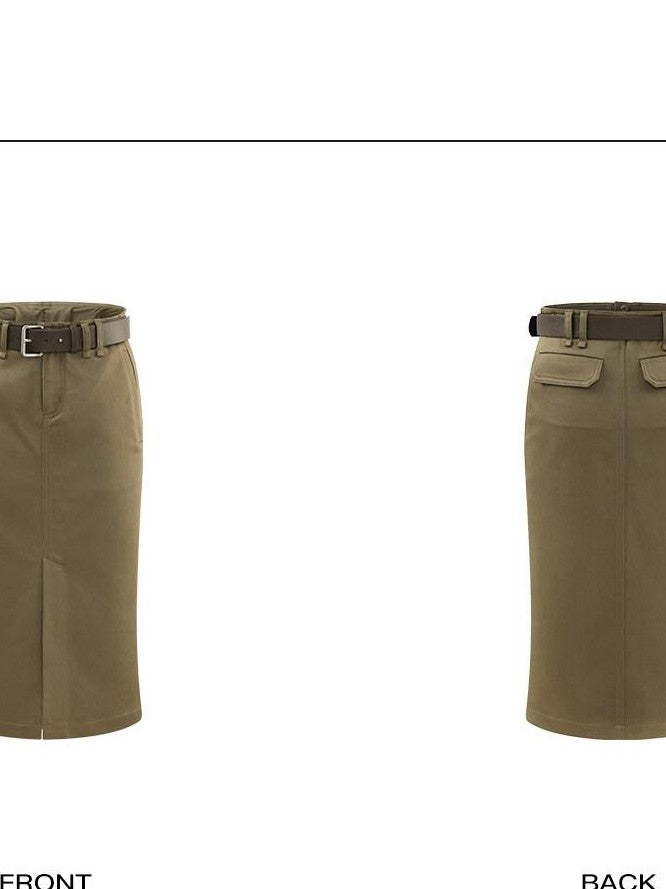 rovente Khaki Green Front Slit Straight Women's Cotton Lyocell Blend Bodycon Skirts