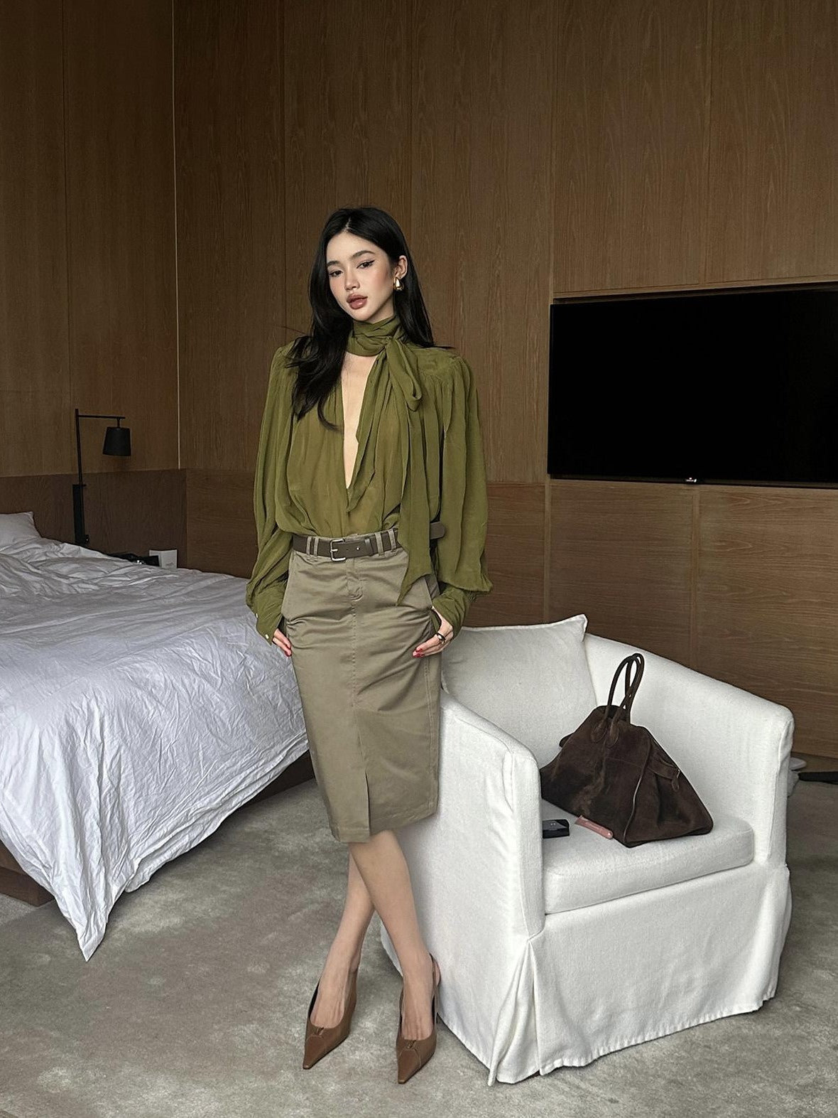 rovente Khaki Green Front Slit Straight Women's Cotton Lyocell Blend Bodycon Skirts