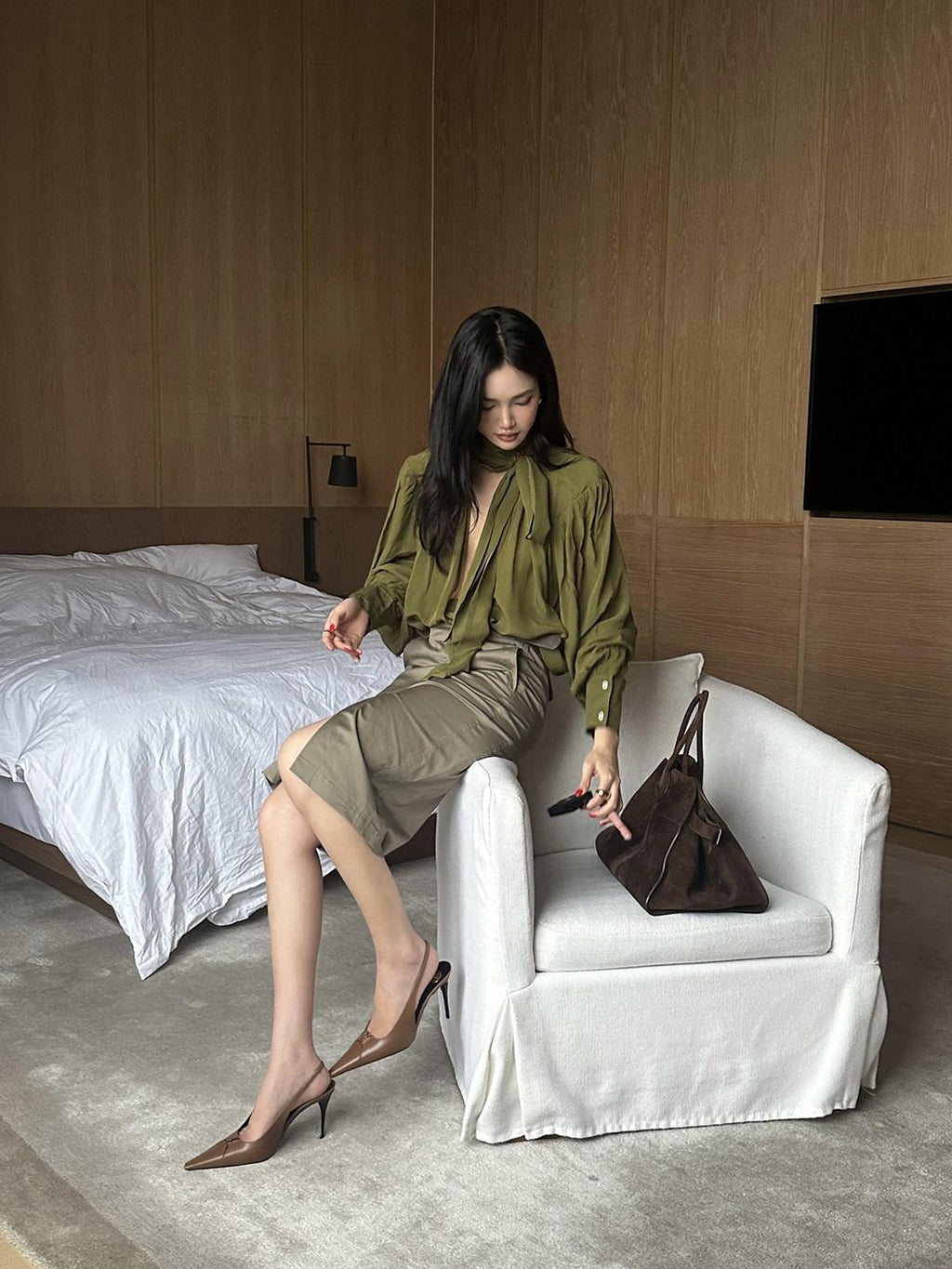 rovente Khaki Green Front Slit Straight Women's Cotton Lyocell Blend Bodycon Skirts