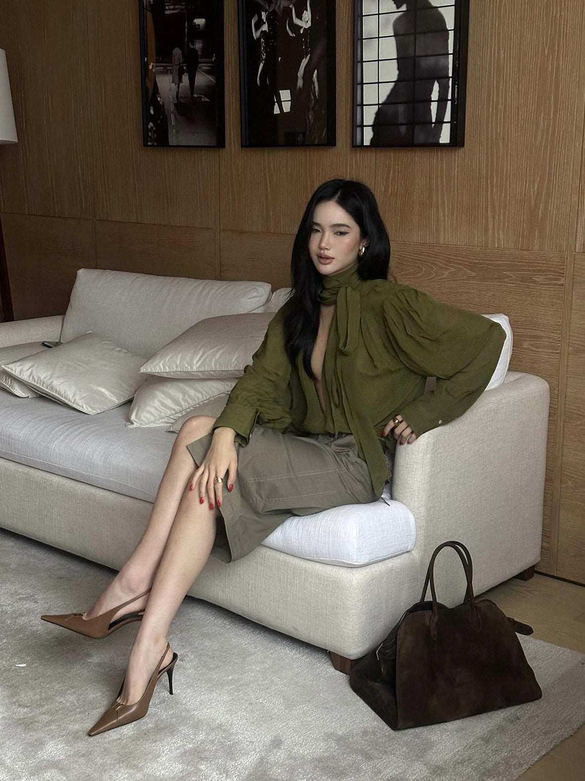 rovente Khaki Green Front Slit Straight Women's Cotton Lyocell Blend Bodycon Skirts